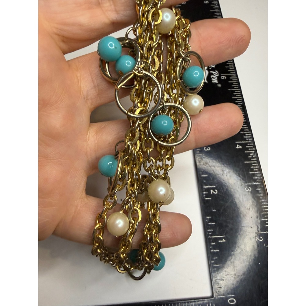 Gold Tone Long Chain Necklace Turquoise Cream Faux Pearl Hoop Accents 42 Inch